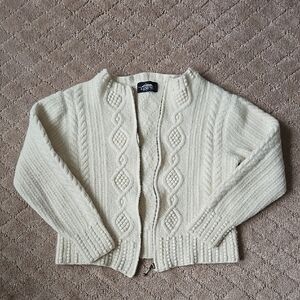 Icelandic Design Textured Cream 100% Wool Cable-Knit Zip Cardigan Sweater